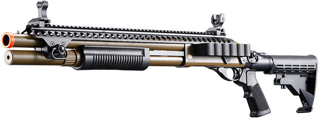 Golden Eagle M8874 3/6-Shot Pump Action Gas Airsoft Shotgun w/ Flip Up Sights, Picatinny Rail & M4 Crane Stock - (Tan)