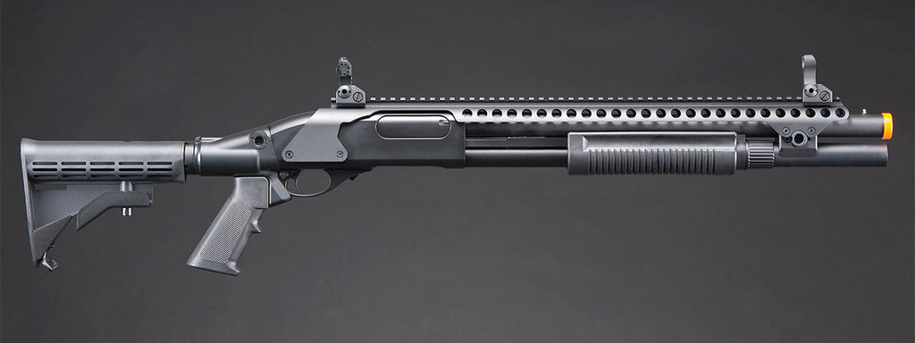 Golden Eagle M8874 3/6-Shot Pump Action Gas Airsoft Shotgun w/ Flip Up Sights, Picatinny Rail & M4 Crane Stock - (Black)