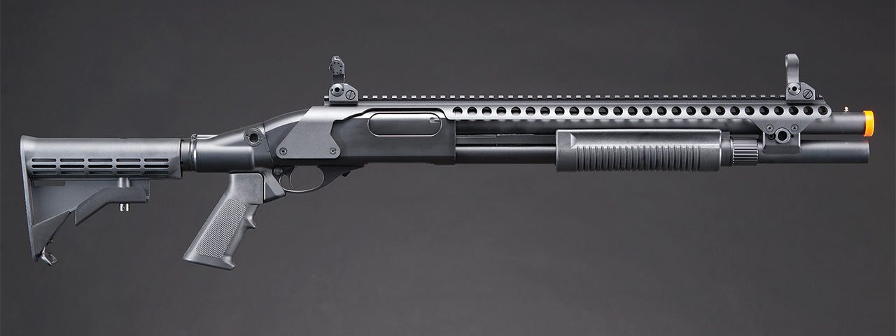 Golden Eagle M8874 3/6-Shot Pump Action Gas Airsoft Shotgun w/ Flip Up Sights, Picatinny Rail & M4 Crane Stock - (Black)