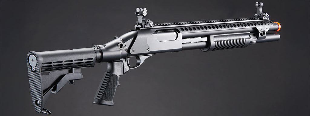 Golden Eagle M8874 3/6-Shot Pump Action Gas Airsoft Shotgun w/ Flip Up Sights, Picatinny Rail & M4 Crane Stock - (Black)