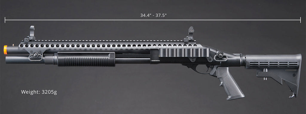 Golden Eagle M8874 3/6-Shot Pump Action Gas Airsoft Shotgun w/ Flip Up Sights, Picatinny Rail & M4 Crane Stock - (Black)