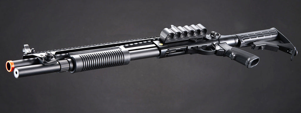 Golden Eagle M8874 3/6-Shot Pump Action Gas Airsoft Shotgun w/ Flip Up Sights, Picatinny Rail & M4 Crane Stock - (Black)