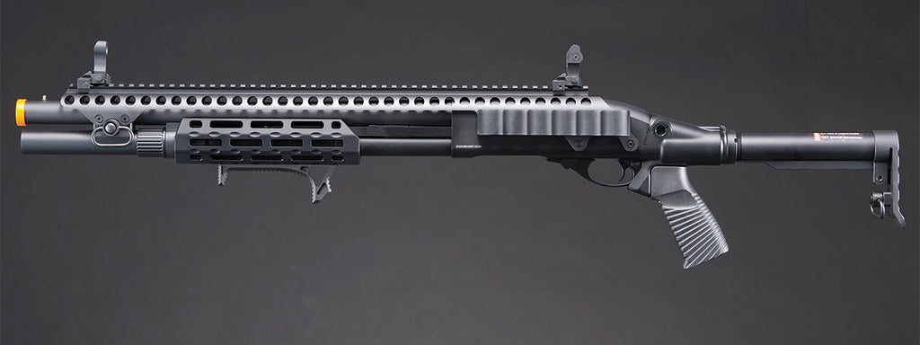 Golden Eagle M8875 3/6-Shot Pump Action CO2 Airsoft Shotgun w/ Flip Up Sights, M-LOK, Picatinny Rail & M4 Buffer Stock - (Black)