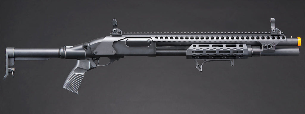 Golden Eagle M8875 3/6-Shot Pump Action CO2 Airsoft Shotgun w/ Flip Up Sights, M-LOK, Picatinny Rail & M4 Buffer Stock - (Black)