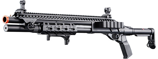 Golden Eagle M8875 3/6-Shot Pump Action CO2 Airsoft Shotgun w/ Flip Up Sights, M-LOK, Picatinny Rail & M4 Buffer Stock - (Black)
