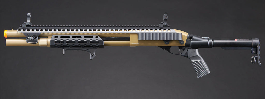 Golden Eagle M8875 3/6-Shot Pump Action CO2 Airsoft Shotgun w/ Flip Up Sights, M-LOK, Picatinny Rail & M4 Buffer Stock - (Tan)