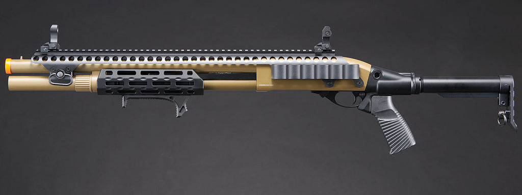 Golden Eagle M8875 3/6-Shot Pump Action Gas Airsoft Shotgun w/ Flip Up Sights, M-LOK, Picatinny Rail & M4 Buffer Stock - (Tan)