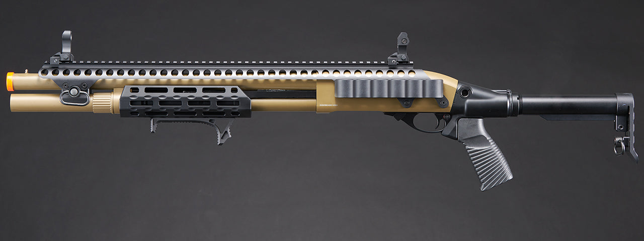 Golden Eagle M8875 3/6-Shot Pump Action Gas Airsoft Shotgun w/ Flip Up Sights, M-LOK, Picatinny Rail & M4 Buffer Stock - (Tan)