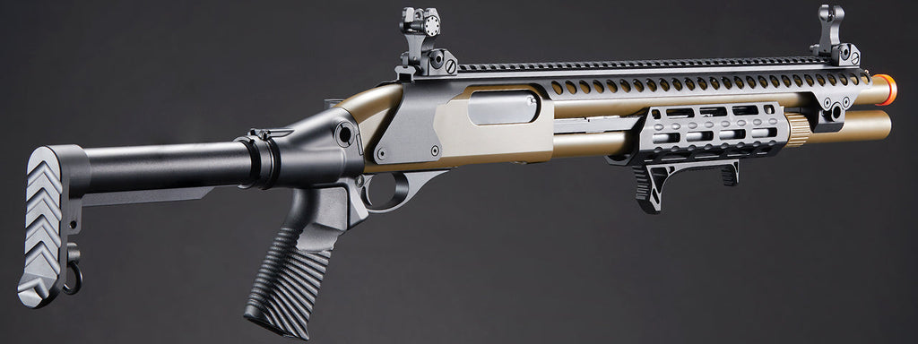 Golden Eagle M8875 3/6-Shot Pump Action Gas Airsoft Shotgun w/ Flip Up Sights, M-LOK, Picatinny Rail & M4 Buffer Stock - (Tan)