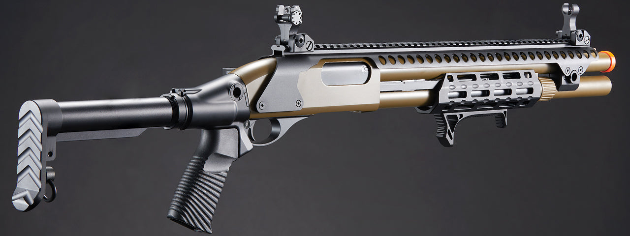 Golden Eagle M8875 3/6-Shot Pump Action Gas Airsoft Shotgun w/ Flip Up Sights, M-LOK, Picatinny Rail & M4 Buffer Stock - (Tan)