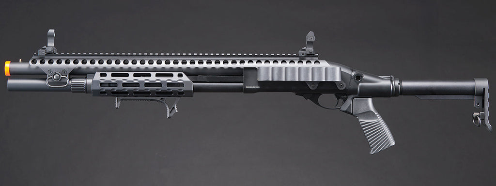 Golden Eagle M8875 3/6-Shot Pump Action Gas Airsoft Shotgun w/ Flip Up Sights, M-LOK, Picatinny Rail & M4 Buffer Stock - (Black)