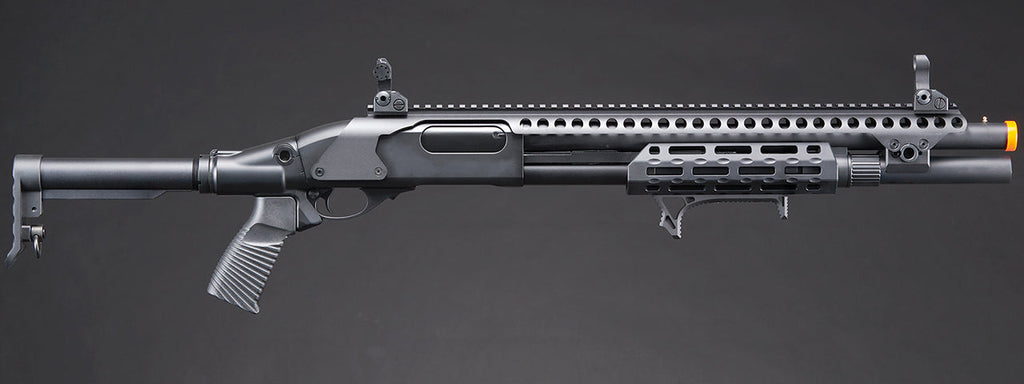 Golden Eagle M8875 3/6-Shot Pump Action Gas Airsoft Shotgun w/ Flip Up Sights, M-LOK, Picatinny Rail & M4 Buffer Stock - (Black)