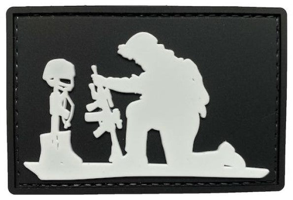 Military Soldier Kneeling at Grave- Remember the Fallen Solider PVC Patch Black and White