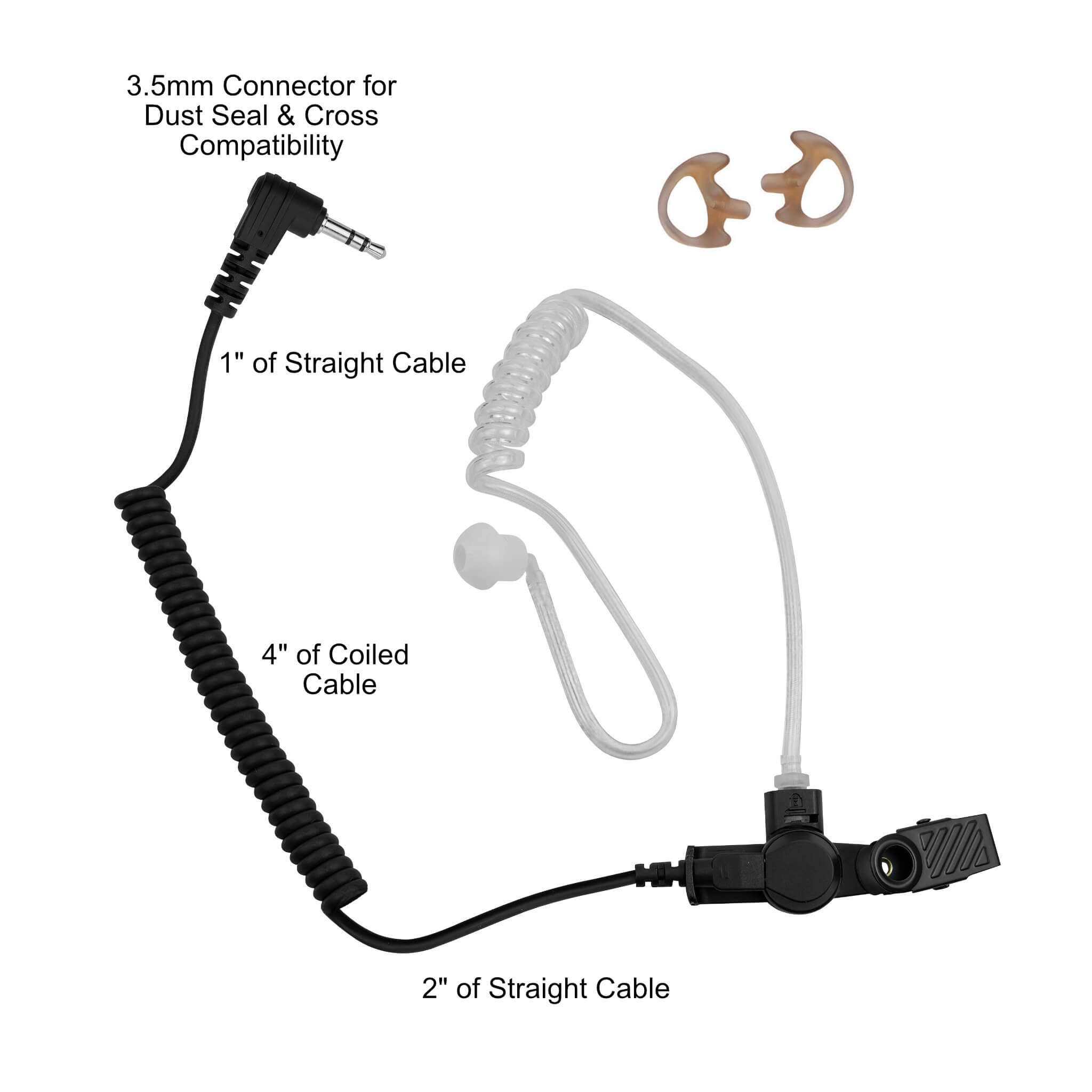 Listen Only 3.5mm Tactical Acoustic Tube Earpiece - Motorola, EF Johnson, Kenwood, Icom, Vertex, Tait, & More - Connects To Speaker Mic