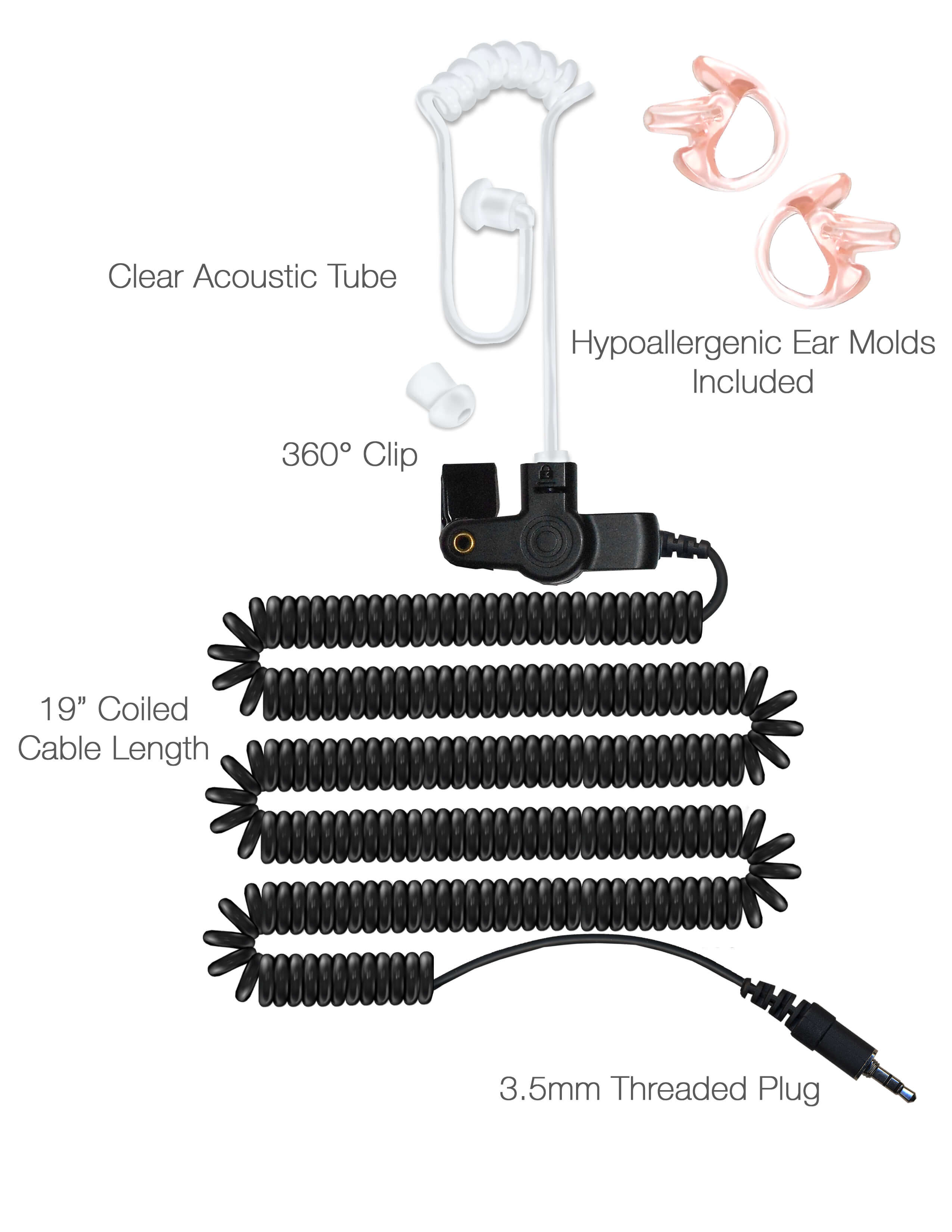 3.5mm Threaded(Screw On) Listen Only Radio Earpiece Clear Tube - Motorola XTS APX XPR & EF Johnson, NNM6274 - Screws In To Radio Adapter
