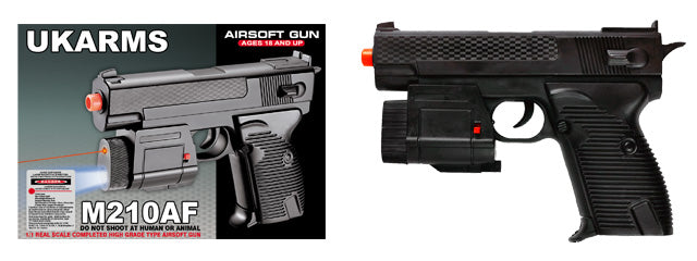 UKARMS M210AF SPRING PISTOL, 7, 126-FPS, LASER/FLASHLIGHT, 96-PC/CTN
