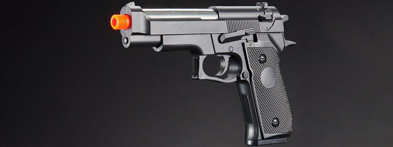 Double Eagle M22 Two Tone Spring Powered Airsoft Pistol w/ Mock Suppressor - (Black)