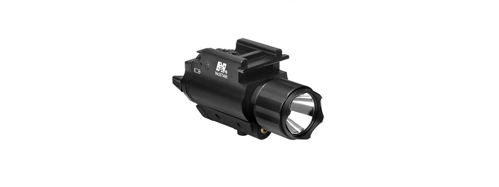 NCSTAR LED FLASHLIGHT AND INTEGRATED RED LASER COMBO UNIT W/ QD MOUNT