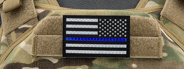 Reflective Fabric Reverse US Flag w/ Thin Blue Line (Color: Black)