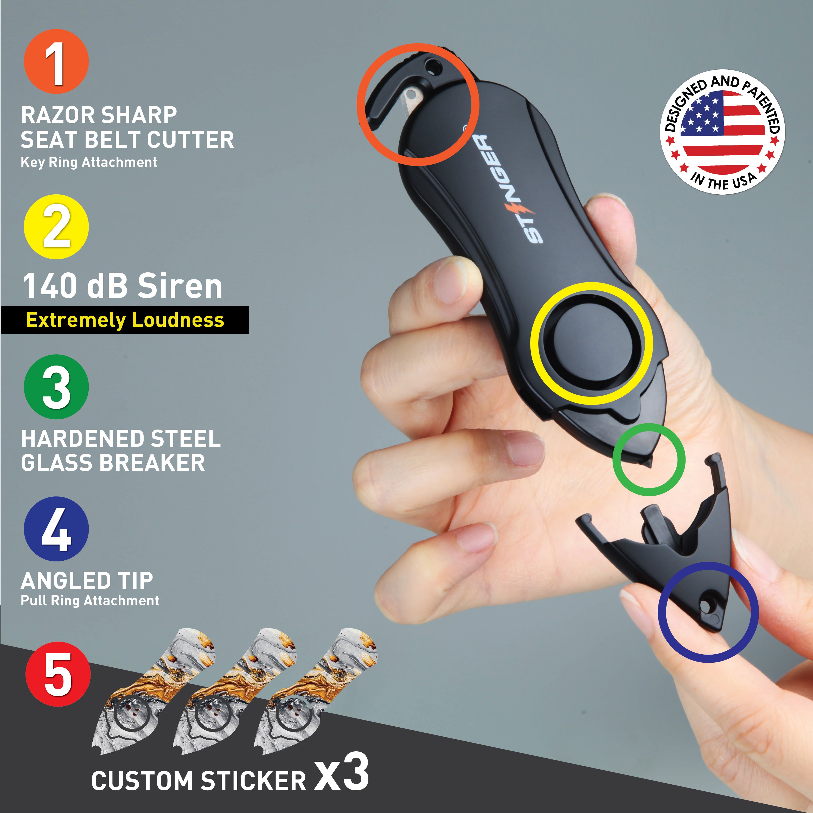 Stinger Personal Safety Alarm Keychain Emergency Tool: Siren Alarm, Seat Belt Cutter, Glass Breaker (Black Marble)