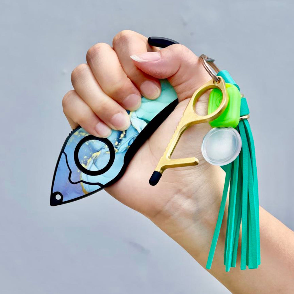 Personal Alarm Keychain Safety Emergency Tool Kit (Green Marble)