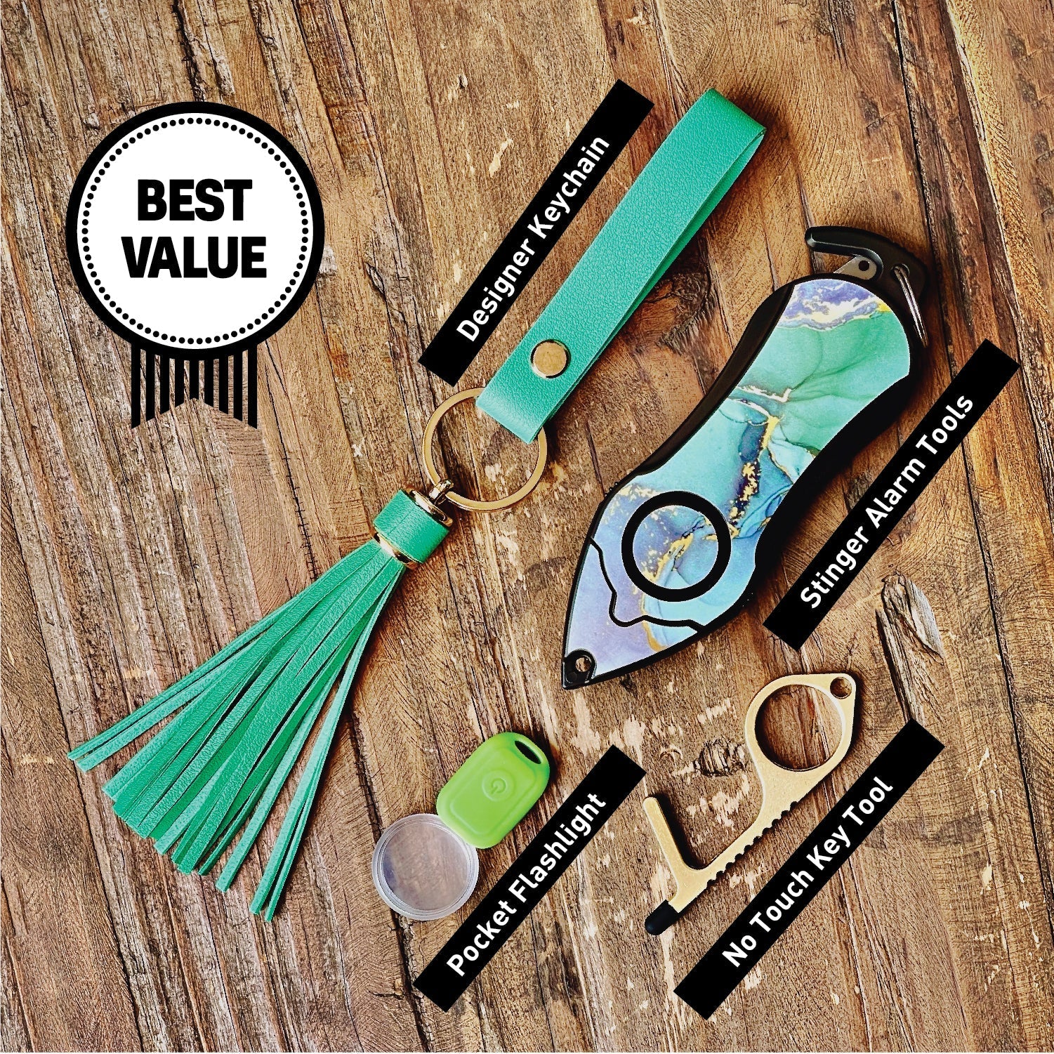 Personal Alarm Keychain Safety Emergency Tool Kit (Green Marble)