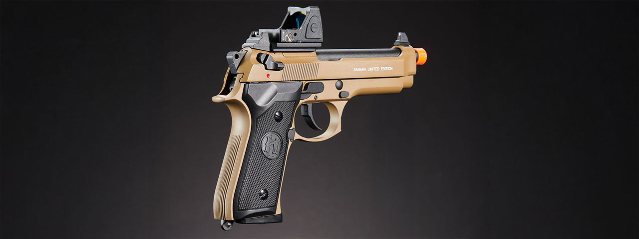 KLI KL-92 SAHARA Limited Edition 6mm Dual Power CO2/Gas Blowback Airsoft Pistol Red Dot Combo - (Tan)