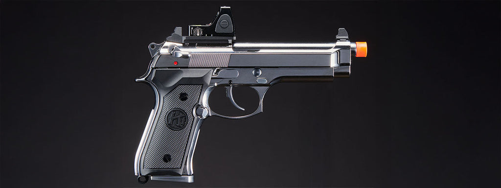 KLI KL-92 Platinum 6mm Dual Power CO2/Gas Blowback Airsoft Pistol Red Dot Combo - (Platinum)