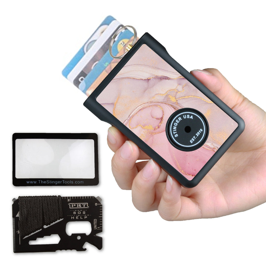 Safety Wallet With Personal Alarm Multi Functional Tool (Black Marble)