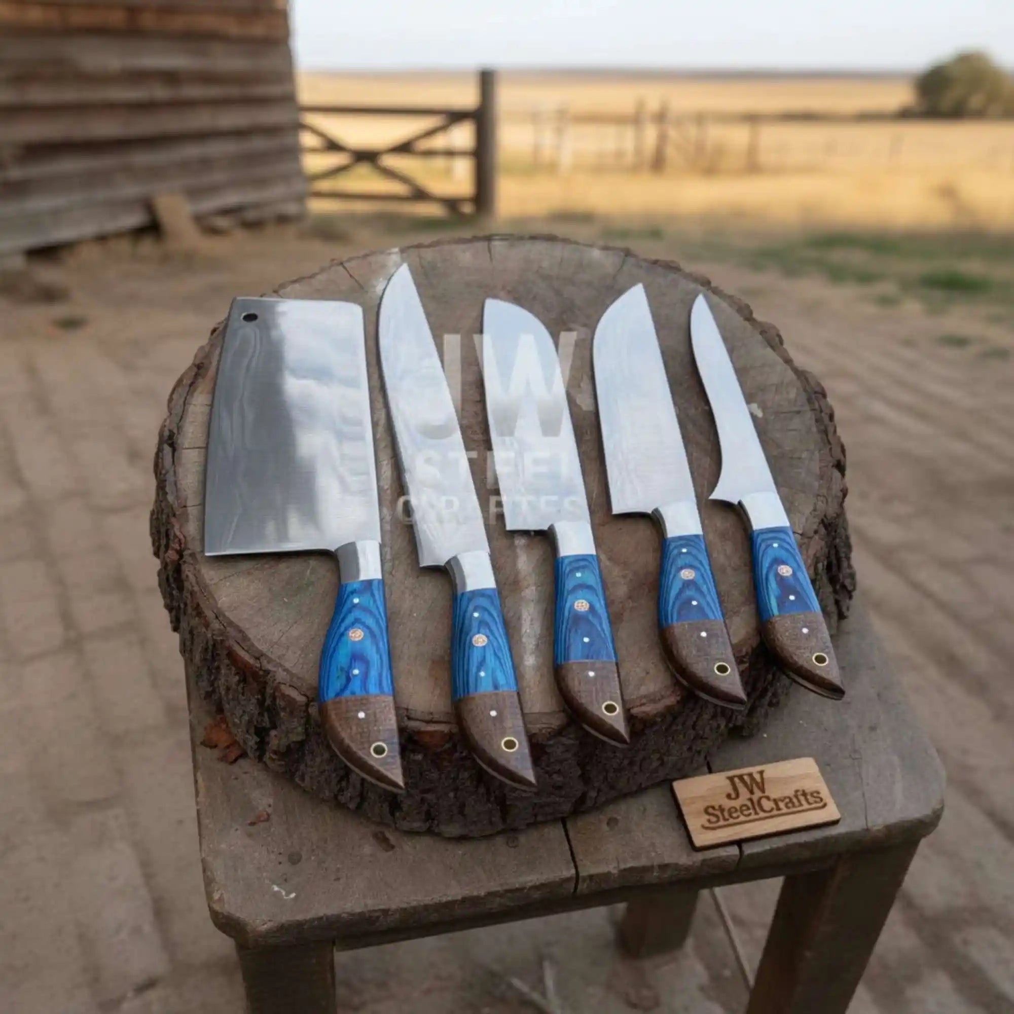 Blue Wood Chef Knife Set – 5-Piece Handmade Kitchen Collection