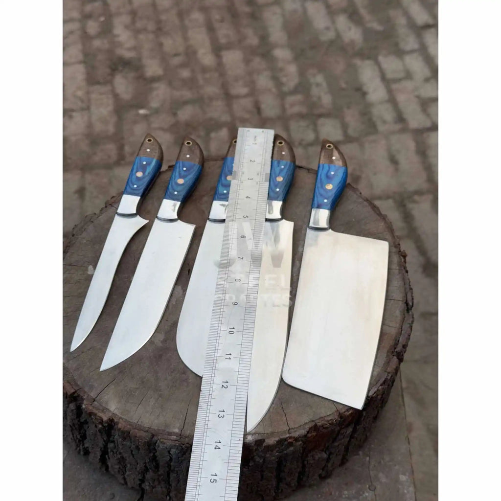 Blue Wood Chef Knife Set – 5-Piece Handmade Kitchen Collection