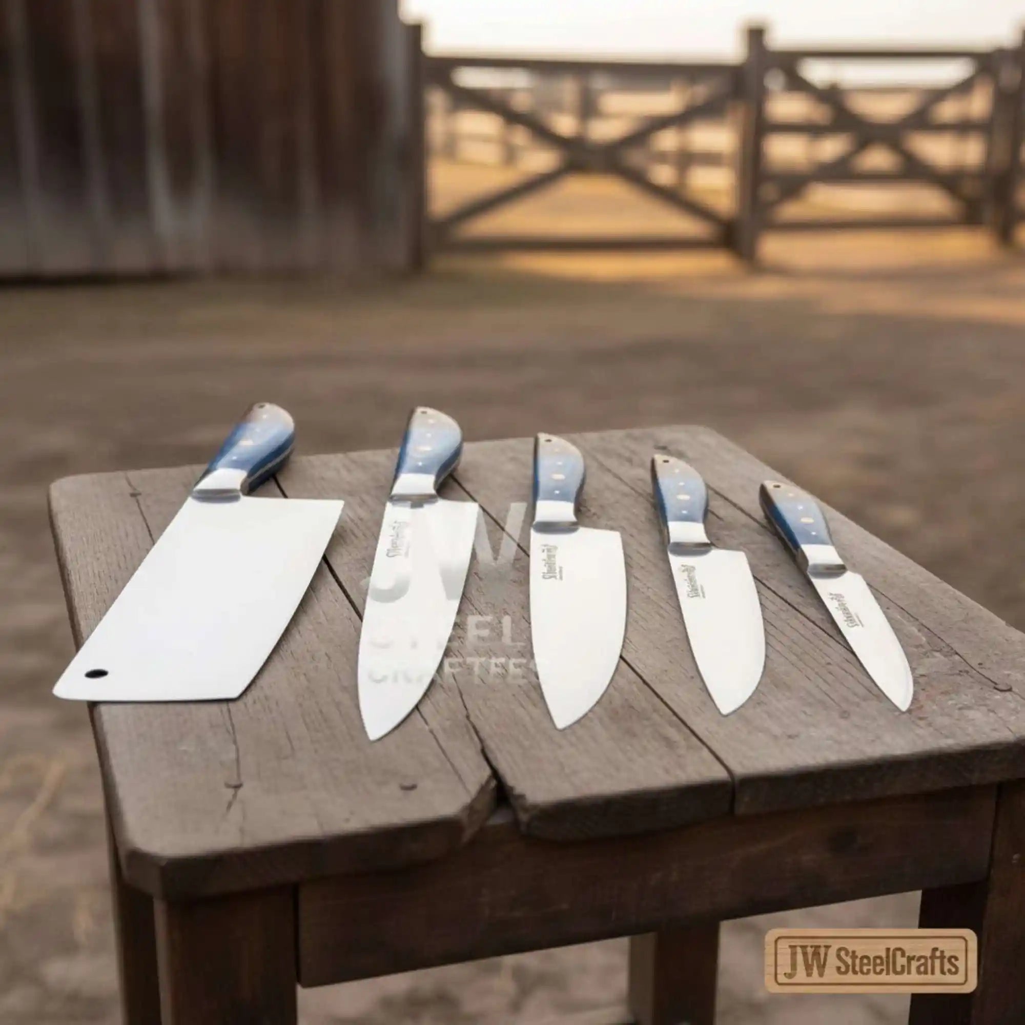 Blue Wood Chef Knife Set – 5-Piece Handmade Kitchen Collection
