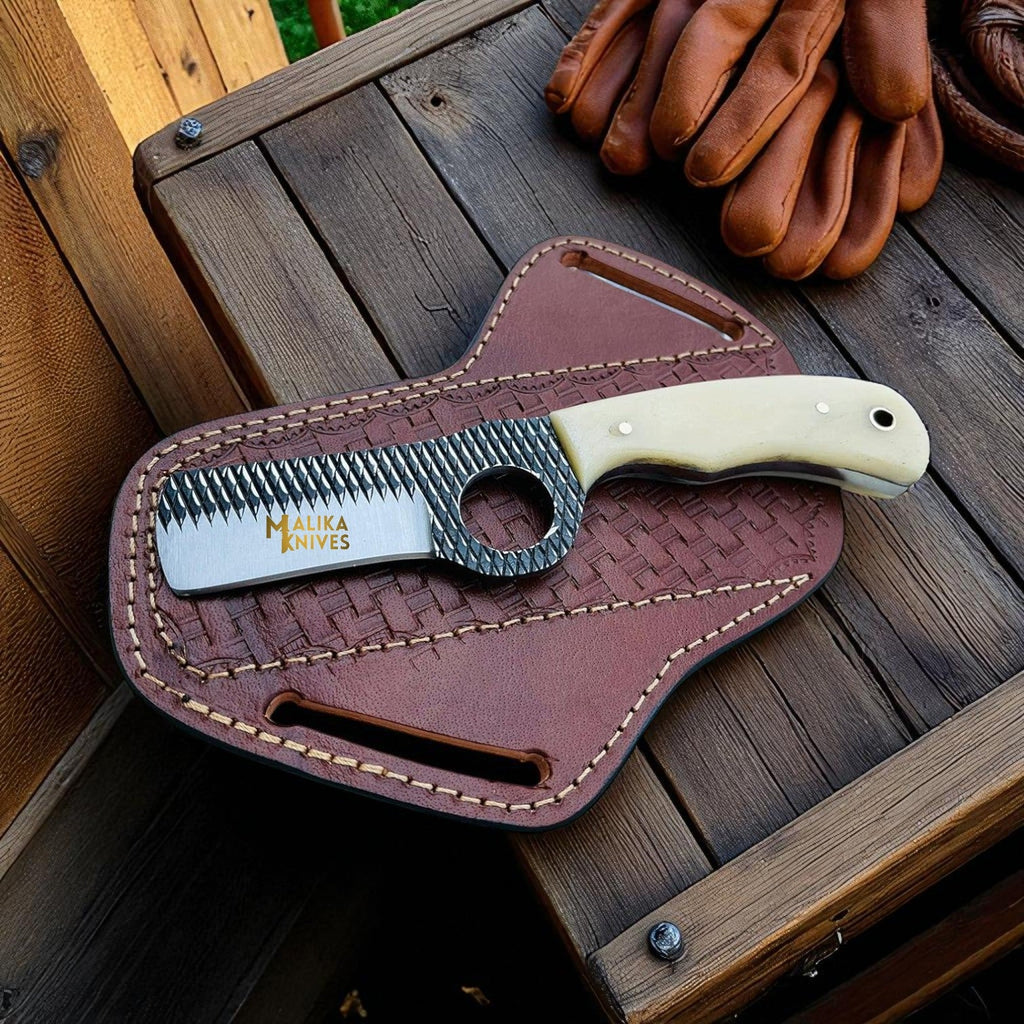 Cowboy Bull Cutter Knife | D2 Rasp Steel Blade | Camel Bone Handle | Leather Sheath