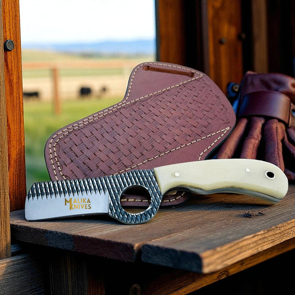 Cowboy Bull Cutter Knife | D2 Rasp Steel Blade | Camel Bone Handle | Leather Sheath