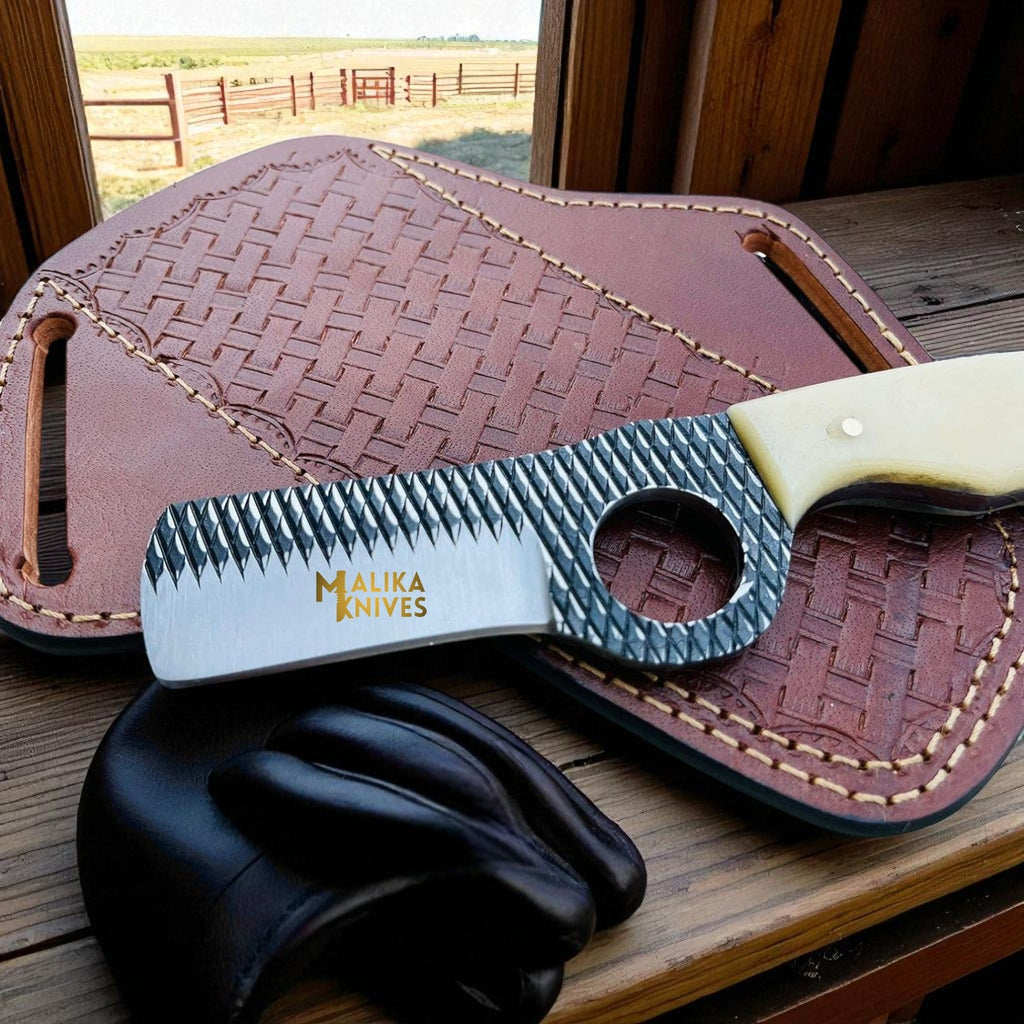 Cowboy Bull Cutter Knife | D2 Rasp Steel Blade | Camel Bone Handle | Leather Sheath