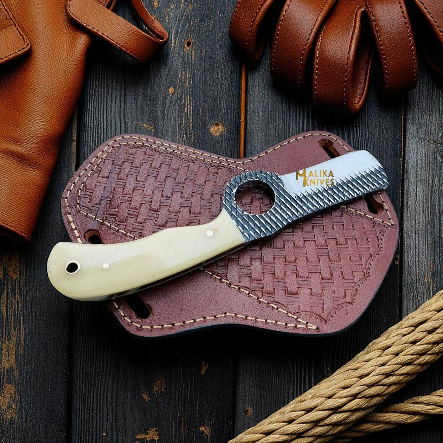 Cowboy Bull Cutter Knife | D2 Rasp Steel Blade | Camel Bone Handle | Leather Sheath