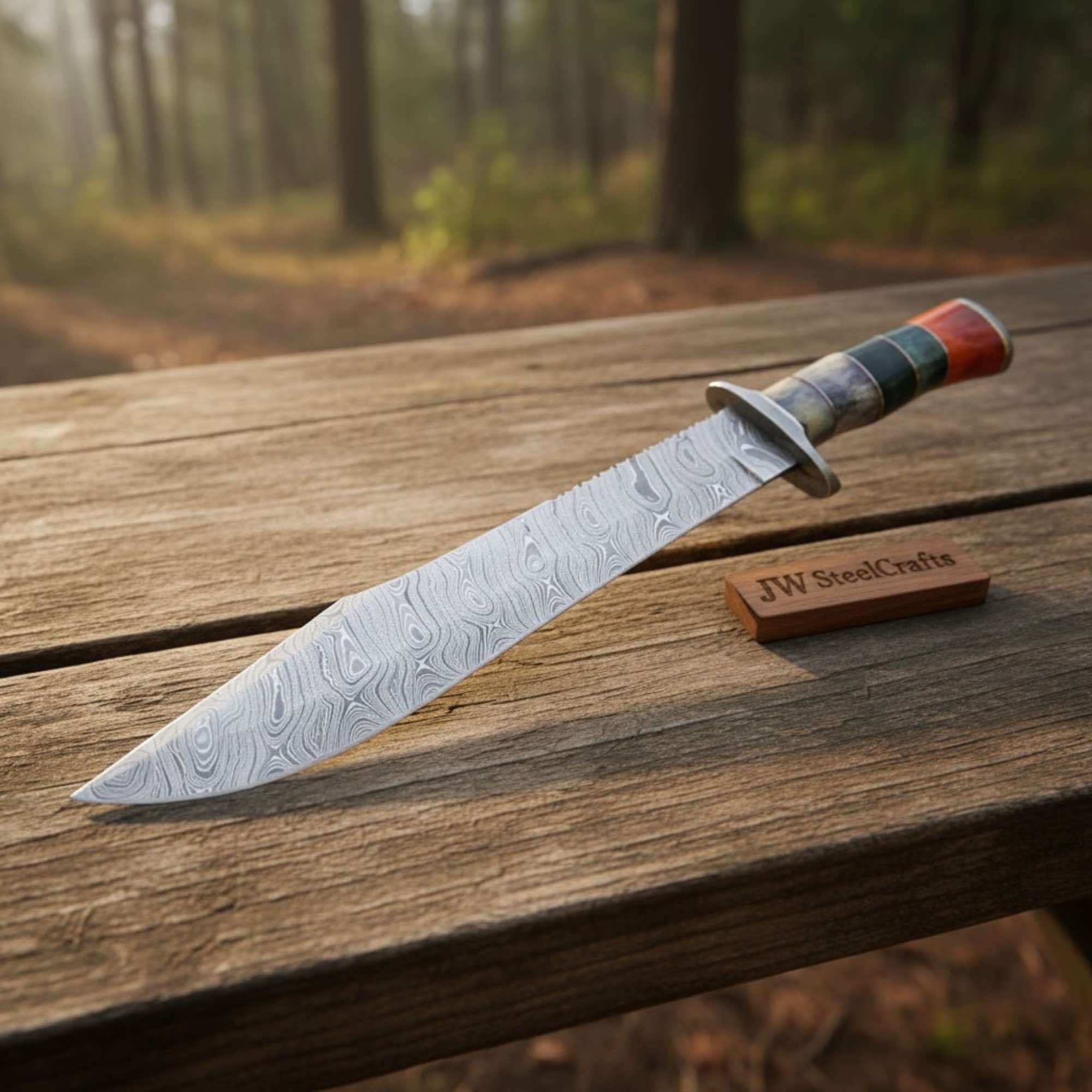 California Clip Point Bowie Knife, Hand Forged Damascus Steel Blade, Stacked Handle Custom Bowie, Handmade Knife JW SteelCrafts