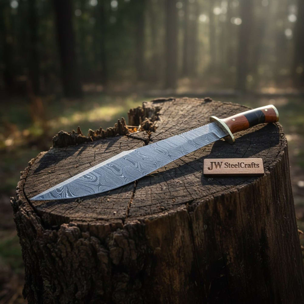 California Clip Point Bowie Knife, Hand Forged Damascus Steel Blade, Stacked Handle Custom Bowie, Handmade Knife JW SteelCrafts