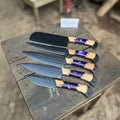 Chef knives JW SteelCrafts 5-Piece Hand-Forged Kitchen Knife Set – Hammered Black Blades with Purple Resin & Olive Wood Handles