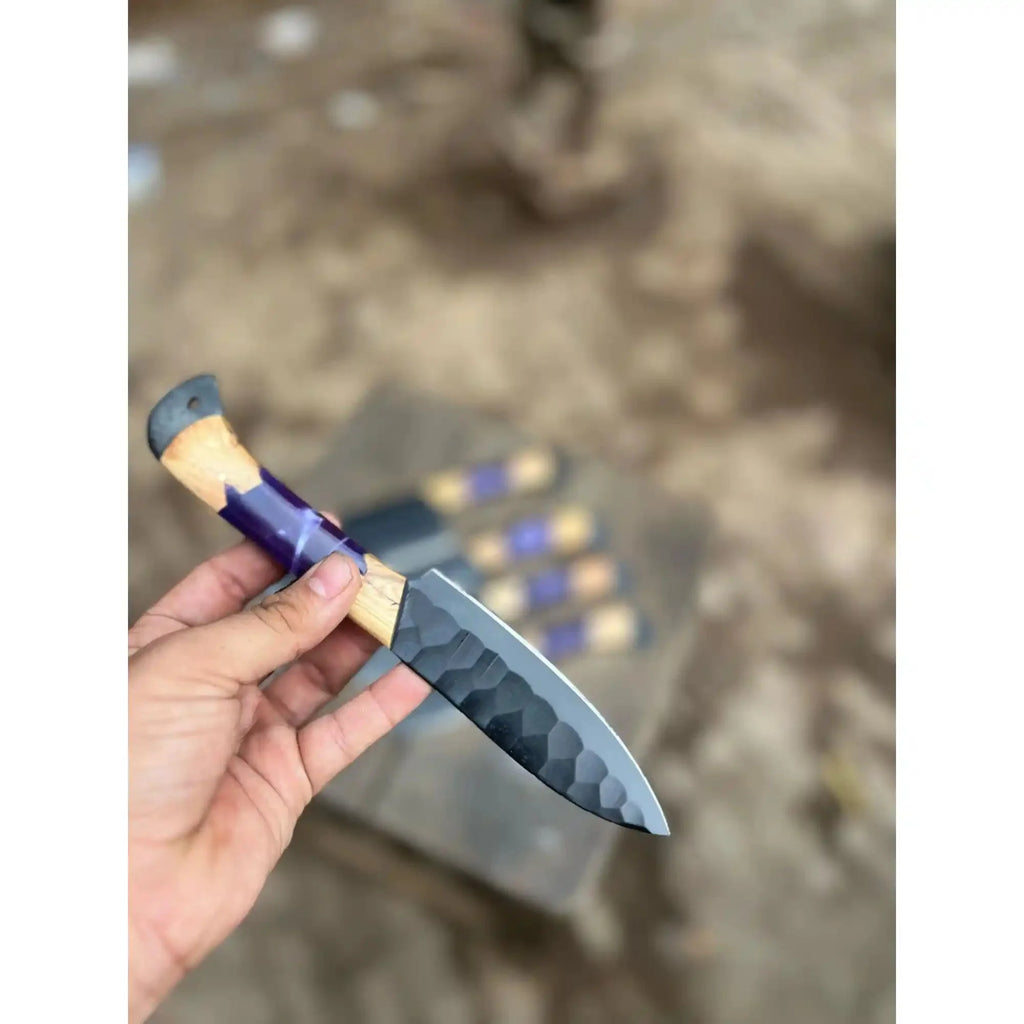Chef knives JW SteelCrafts 5-Piece Hand-Forged Kitchen Knife Set – Hammered Black Blades with Purple Resin & Olive Wood Handles