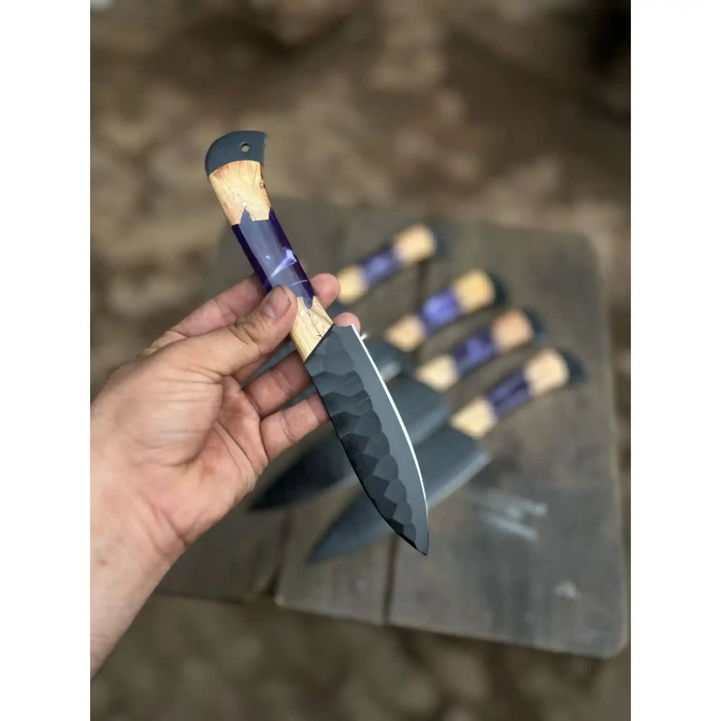 Chef knives JW SteelCrafts 5-Piece Hand-Forged Kitchen Knife Set – Hammered Black Blades with Purple Resin & Olive Wood Handles