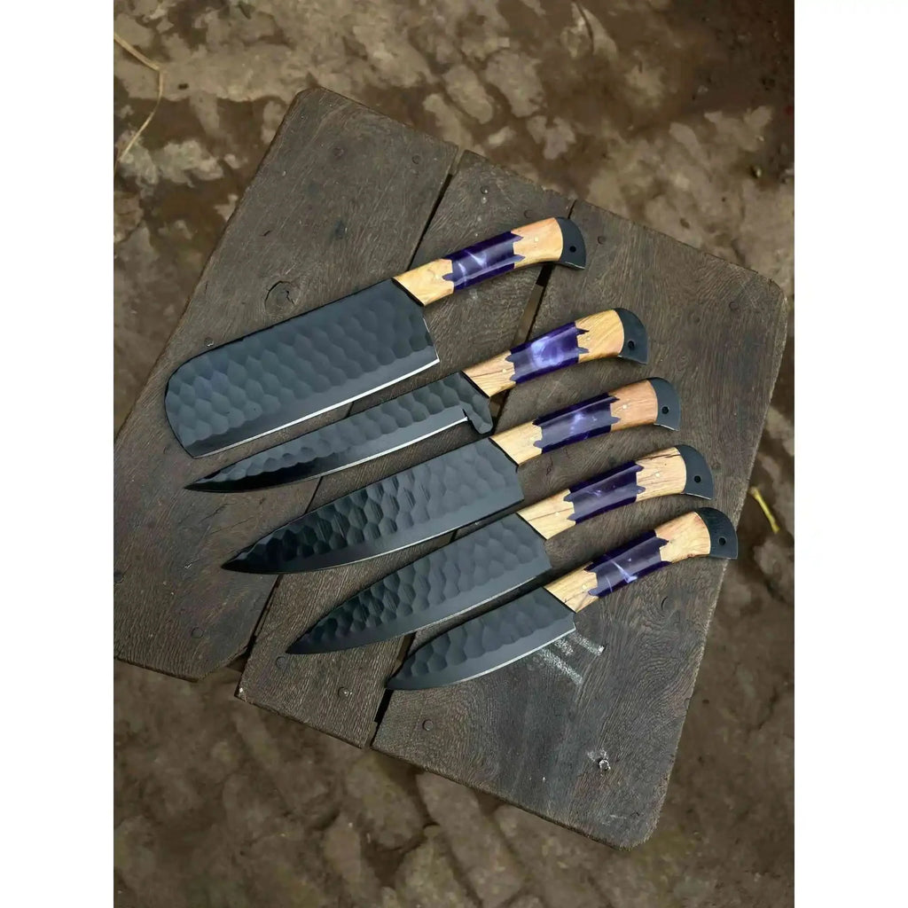 Chef knives JW SteelCrafts 5-Piece Hand-Forged Kitchen Knife Set – Hammered Black Blades with Purple Resin & Olive Wood Handles