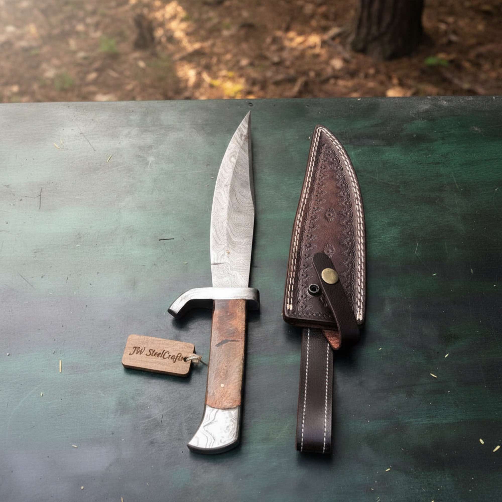 Classic Jim Bowie Style Damascus Steel Bowie Knife, Hand Forged Clip Point Blade, Damascus Guard, Walnut Wood Handle, Full Tang Fixed Blade with Leather Sheath by JW SteelCrafts