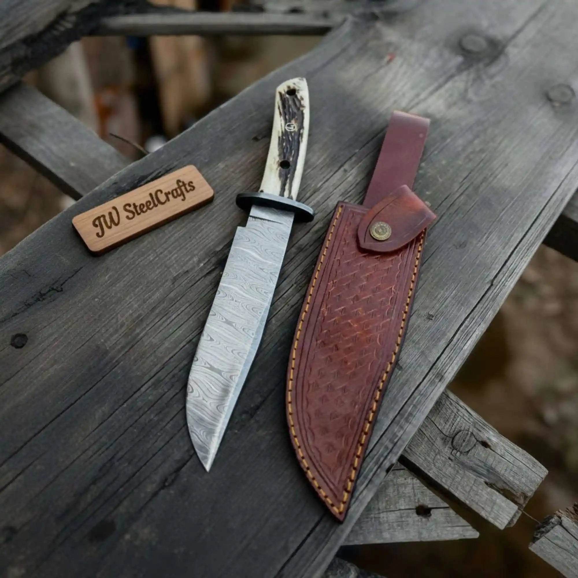 Clip Point Bowie Knife, Hand Forged Damascus Steel Blade, Antler Handle, Classic American Bowie with Leather Sheath