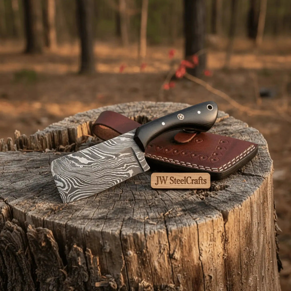 Custom Forged Damascus Mini Butcher Cleaver — Full Tang Black Handle with Leather Sheath
