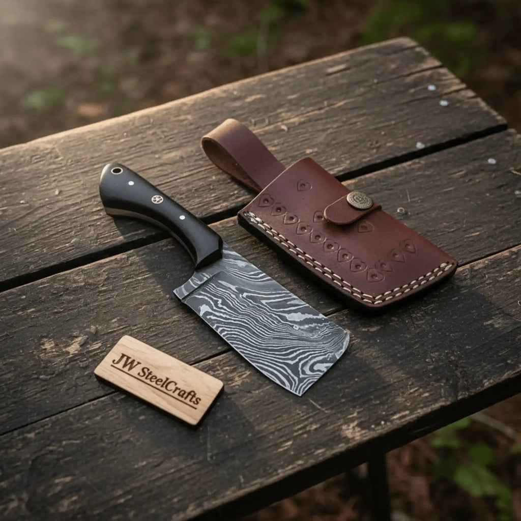 Custom Forged Damascus Mini Butcher Cleaver — Full Tang Black Handle with Leather Sheath