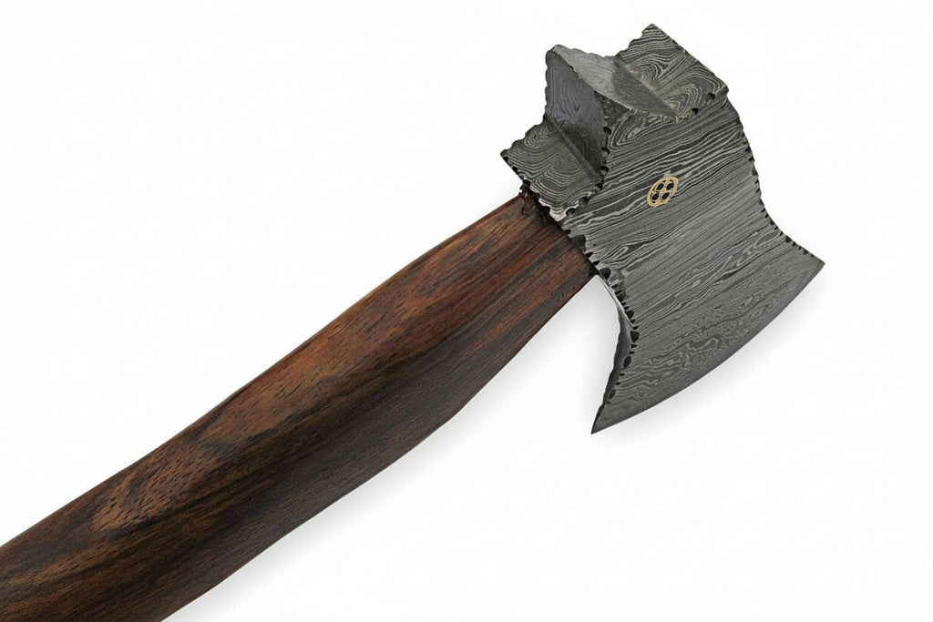 Damascus Camp Axe with Mosaic Pin, Leather Sheath, 19 Inch Rosewood Handle