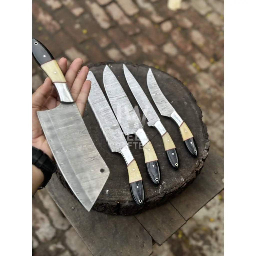 Damascus Chef Knife Set – 5-Piece Camel Bone & Black Micarta Handle Collection