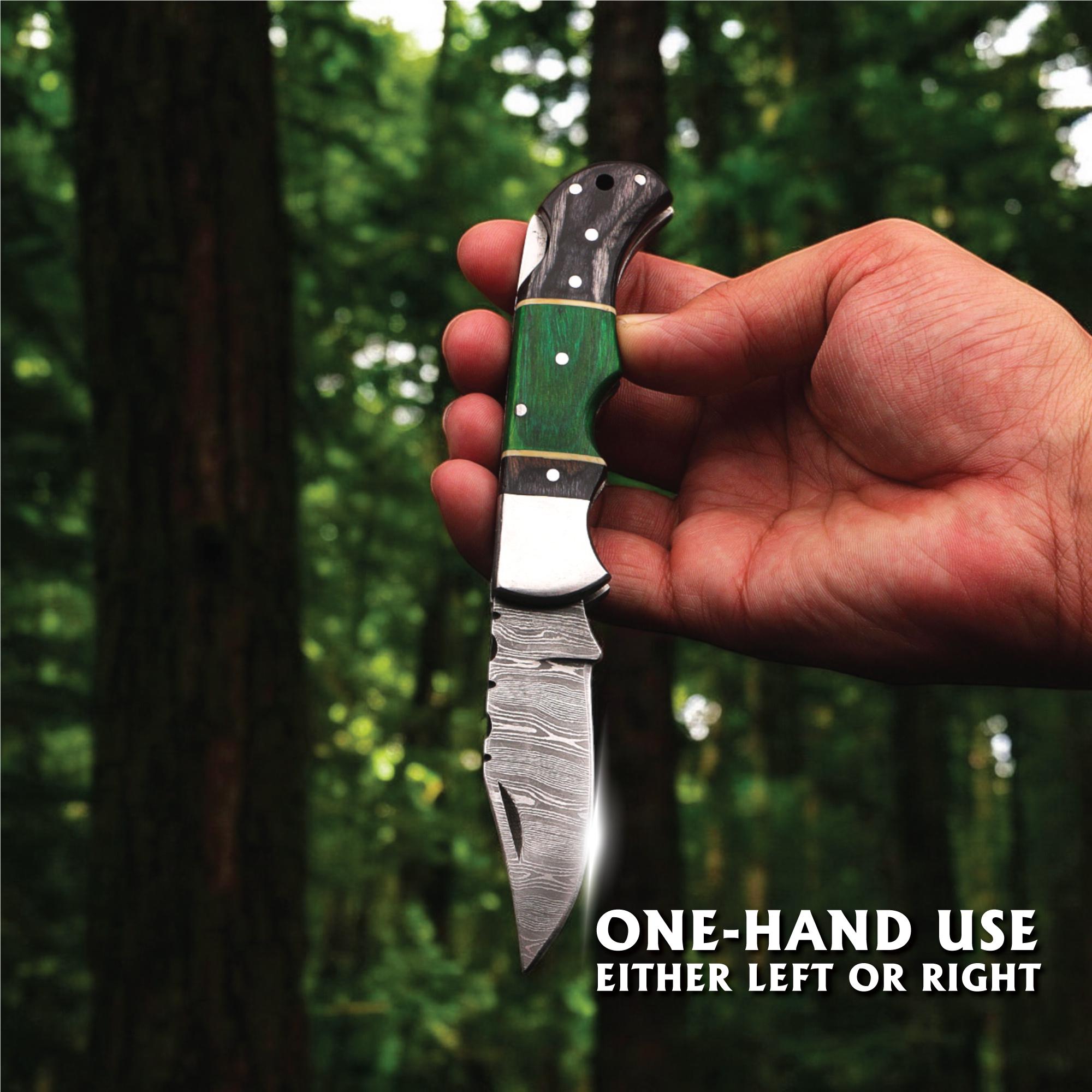 Damascus Folding Knife | Green & Black Dyed Wood Handle | Pocket Knife