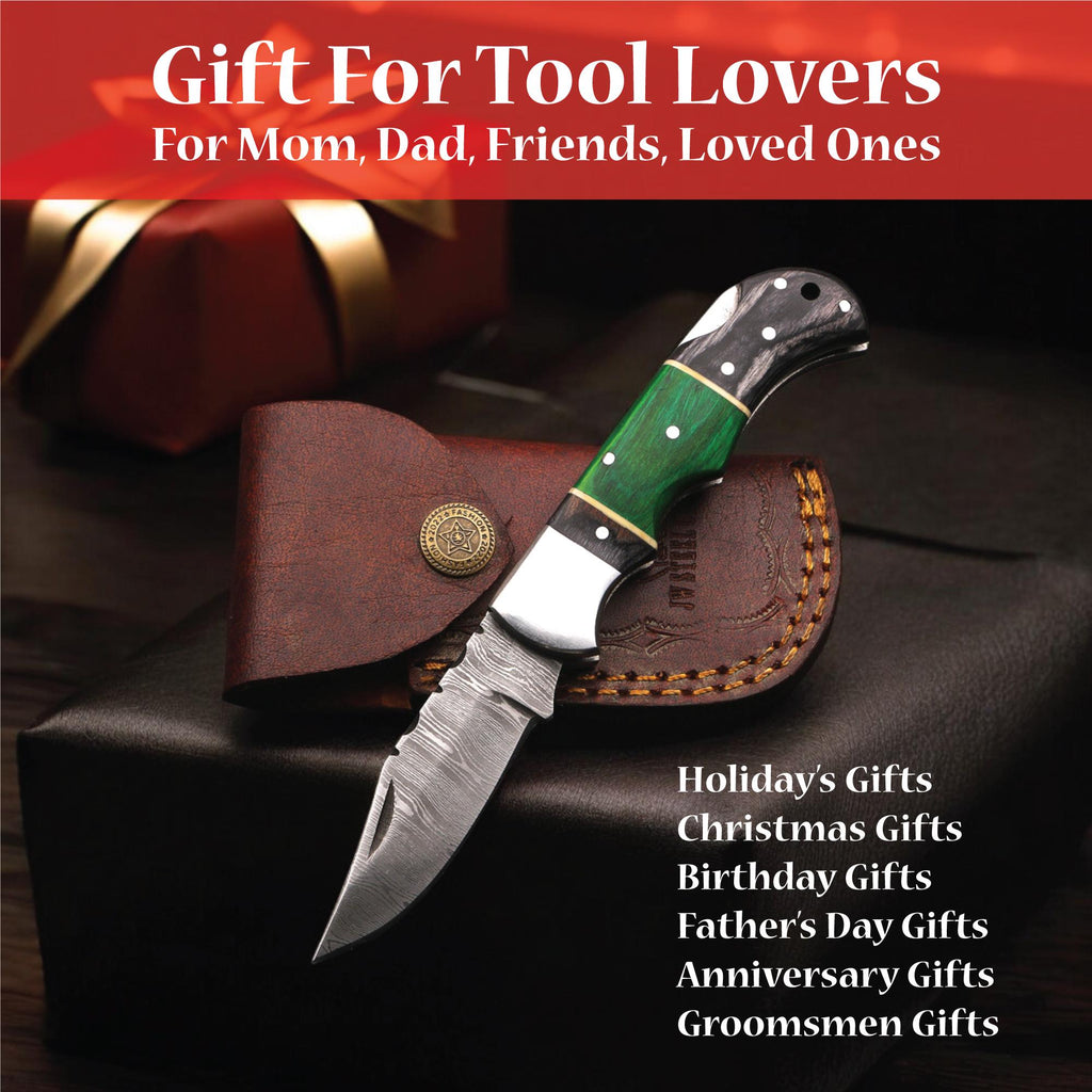 Damascus Folding Knife | Green & Black Dyed Wood Handle | Pocket Knife